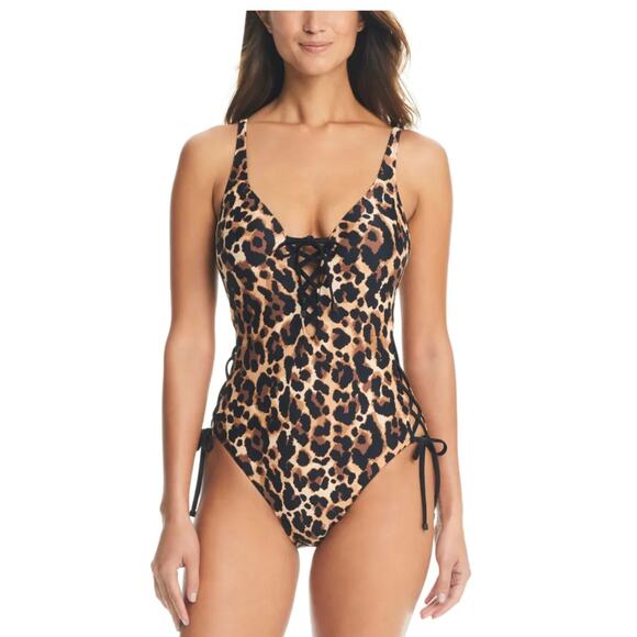 Bar III Women's Lace-Up Brown & Black Cheetah Print One Piece Swimsuit Small NWT - Picture 1 of 4